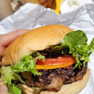 The basic burger with cheese and pickles added. Got this with the bean &amp; mushroom patty.