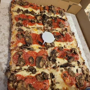 Large Detroit style with pepperoni and mushrooms