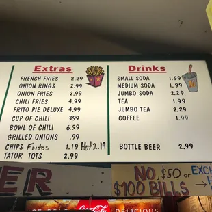 Extras and drinks menu