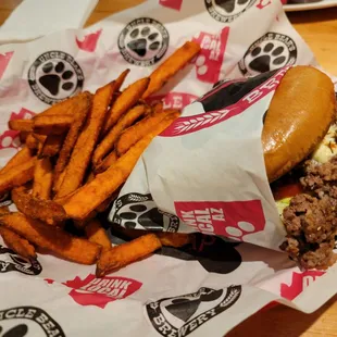 Ace&apos;s Black &amp; Blue burger, with sweet potato fries ($2 upcharge)!