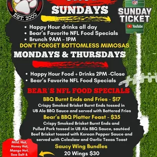 NFL Specials Monday, Thursday and Sundays at Uncle Bear&apos;s Greenfield