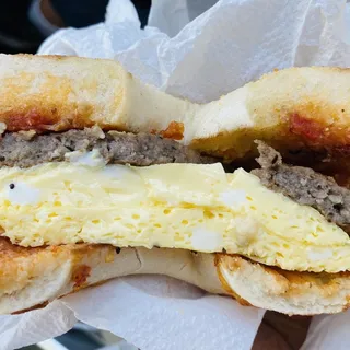 Egg, Sausage, Sun Dried Tomato Pesto Spread Bagel