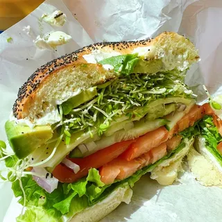 Avocado, Sprouts, Cucumber, Tomatoes, Onion, Lettuce Bagel