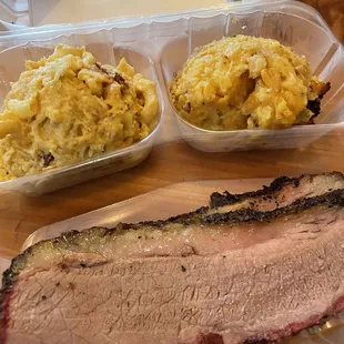 Brisket, jalapeño corn bread pudding and Mac n cheese