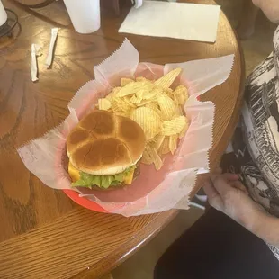 you can have your hamburger with pasta salad, or potato chips if you wish.