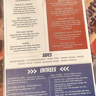 Sandwich and Entree menu