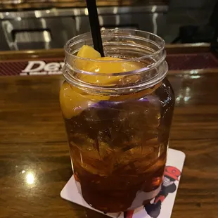 Georgia Peach Sweet Tea.   Peaches are soaked in moonshine.  Delicious!!