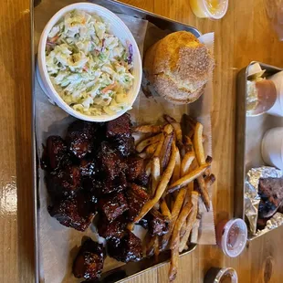Rib tips, coleslaw , fries, corn muffin