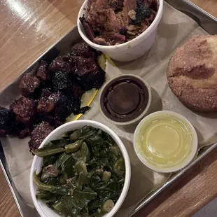 Burnt ends brisket, pulled pork, collard greens and corn muffin - so good!