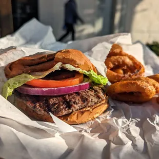 burger $9.50; onion rings $9