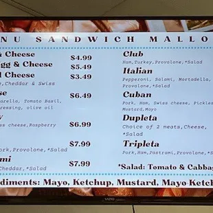 sandwich menu on board