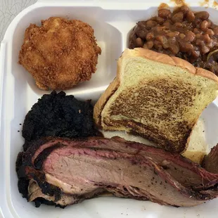 Brisket, Texas toast, fried Mac n cheese and beans