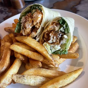 Buffalo chicken wraps and fries