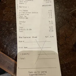 Bill with tax on gratuity.