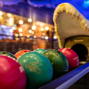 a row of bowling balls