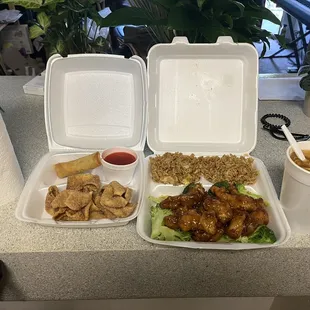 Cream cheese rangoons, egg roll, general Tao&apos;s chicken, fried rice, hot and sour soup