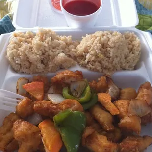 Sweet and sour chicken with fried rice