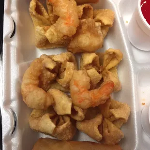 Crab Rangoon, fried shrimps and egg rolls