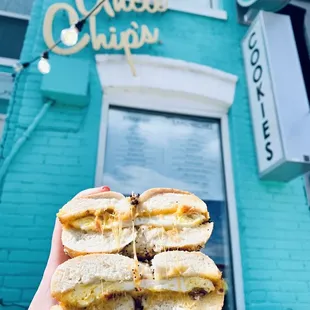 Bagel sandwich with bacon eggs and cheese