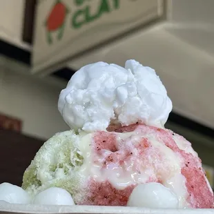 8/2022 matcha strawberry condensed milk coconut sorbet and 3 Mochi balls