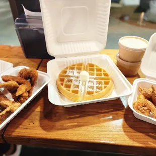Leg, tender, 3 wings; waffle; banana pudding; 6 shrimp w/cornbread