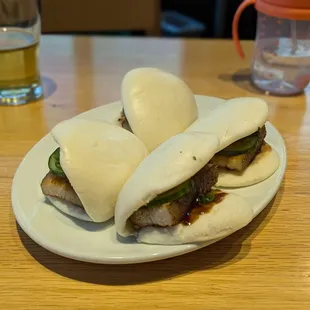 Pork Belly Buns ($11) - 3.5 stars. Good, very soft/consistent bun texture. But meat was too hard/lean. Mon dinner 2024-04-08