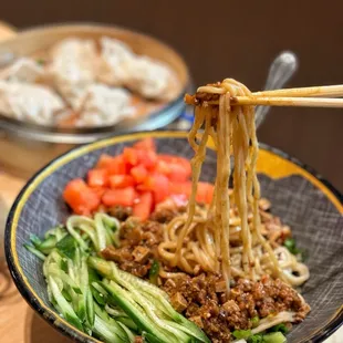 Jajang Noodles: more like Dan Dan than Jajangmyeon. Tasted better with chili oil added. Noodle texture had great bounce.