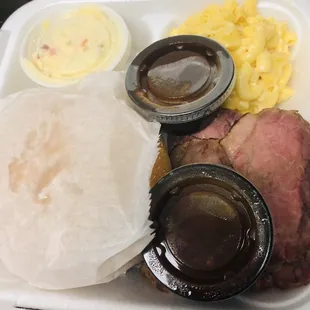 Brisket, Mac n cheese, potato salad, hard roll &amp; Sauce