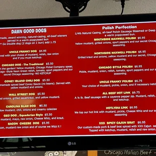 Hot dog menu