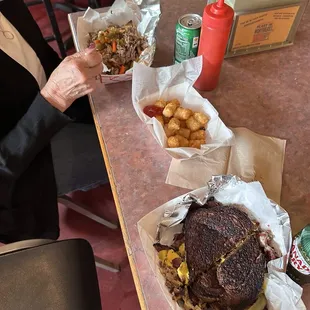 Chicago Italian Beef Sandwich, Small Tater Tots, Pastrami Ruben.