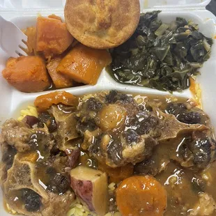 Oxtails, Collard Greens, Candied Yams, and Cornbread Muffin