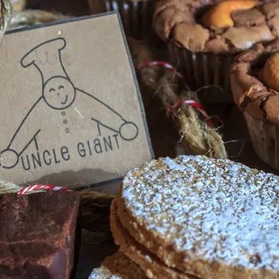 a display of cookies and pastries