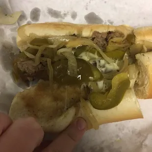 So many peppers in this cheesesteak sandwich