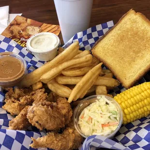 4pc. tender combo with fries, slaw, Texas toast and an extra side of corn.. ranch and joe&apos;s sauce! Banging!
