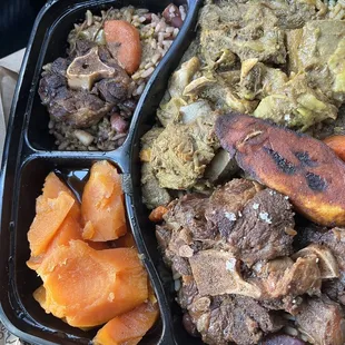 Combo meat oxtail and curry goat, sweet potato