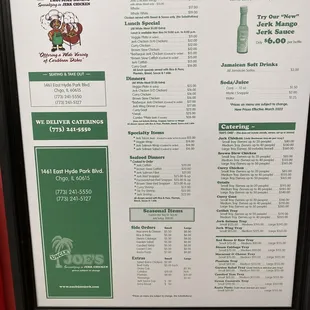 Updated menu with new pricing