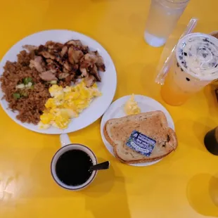 2 Eggs with Teriyaki Chicken, mango boba, coffee