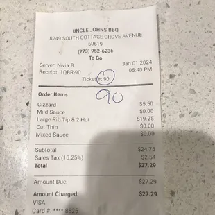 a receipt for $ 5