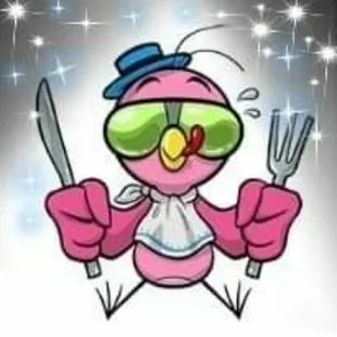 a cartoon bird with a fork and knife