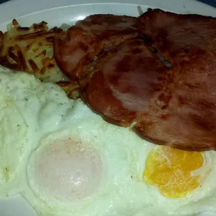 Three over easy and ham steak