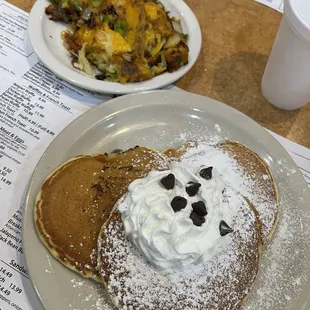 Chocolate chip pancakes and uncle John&apos;s potatoes