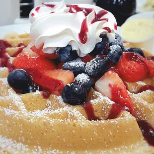 Mom got the Red, White &amp; Blue Waffle. Again, light on the sauce/syrup. Very delicious.