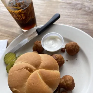 a hamburger and tater tots