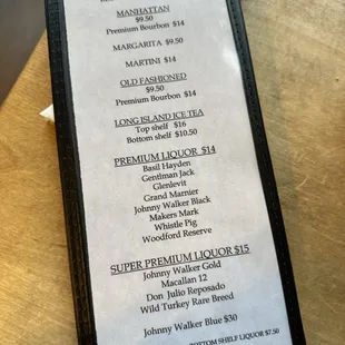 Drink menu