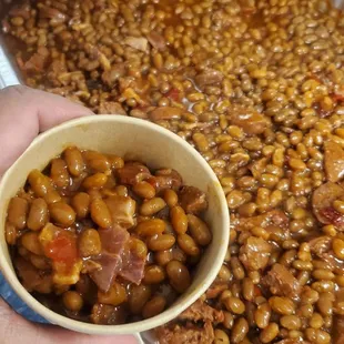 Baked beans with bacon and sausage