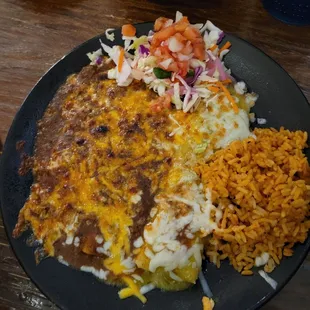Combo Enchiladas. 2 cheese w Carne sauce and 1 chicken w Tomatillo sauce