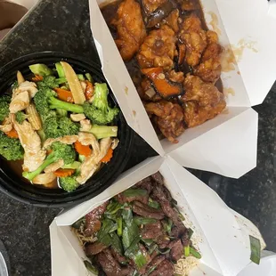 Orange Chicken, Chicken with Broccoli &amp; Mongolian Beef