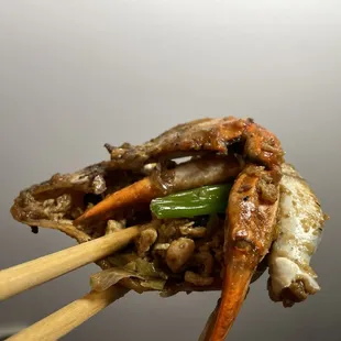 Close-up of the Special Order $45  Cantonese-Style Crabs (ground pork, black beans, chunks of ginger, garlic, scallion)