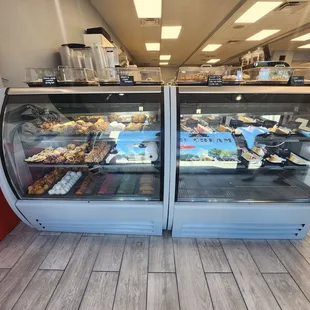 a display case of baked goods