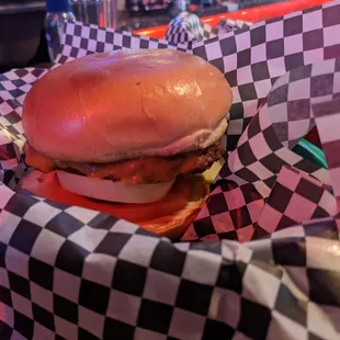 a burger in a basket